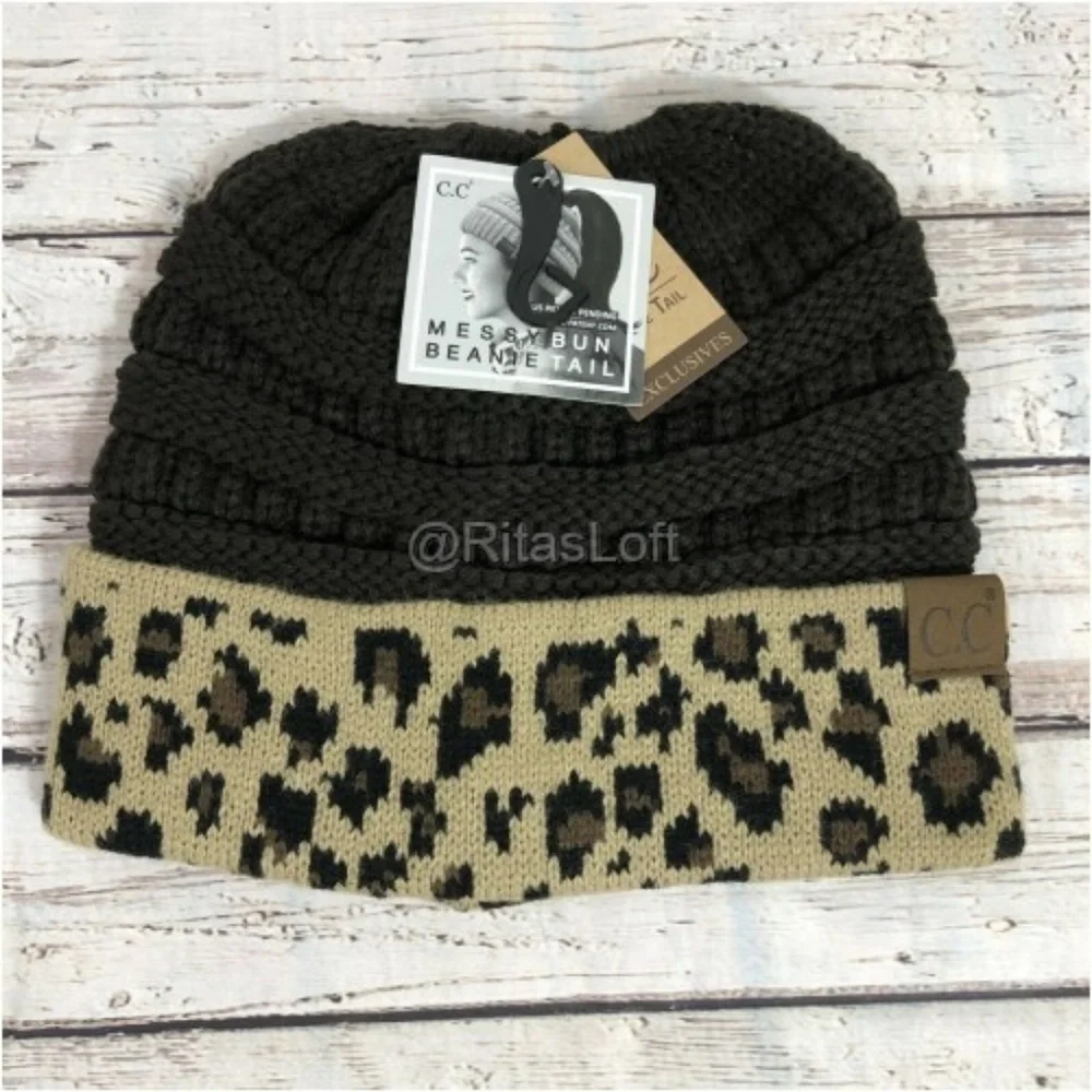 CC Beanie Tail Ponytail Cap Hat‎ Leopard Print